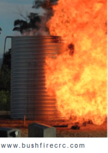 Steel rainwater tank with fire and flames around it