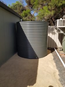 single woodland grey aquaplate rainwater tank on cream base
